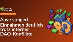 Aave-Logo vor Diagramm mit steigenden Balken und stilisierten Nutzer-Avataren im Hintergrund