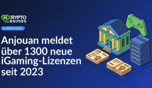 Regierungsgebäude mit Schild, versiegelte Lizenzdokumente auf Stapel, Serverrack mit Gamepad-Symbol im Hintergrund