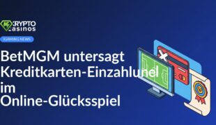 Gekreuzte Kreditkarte vor Desktop mit Sportfeld, daneben versiegeltes Regulierungsdokument mit Schildsymbol.