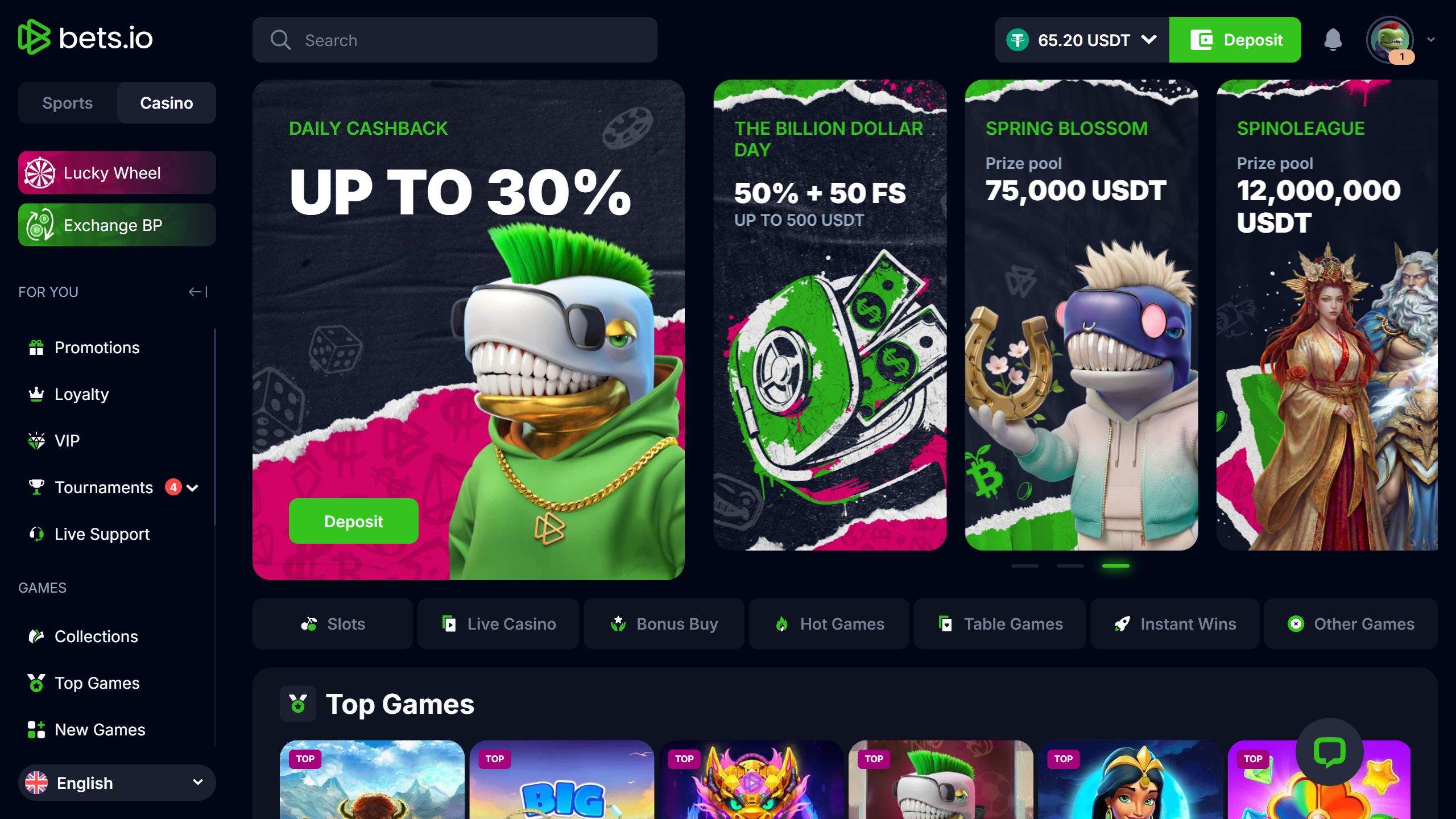 screenshot of bets.io casino showing the bonus banner, left-side menu and game categories
