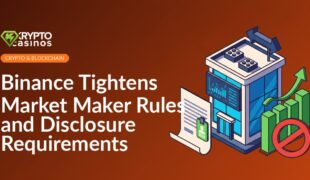 Modern exchange building with digital screen, contract document featuring ID badge, and profit chart marked with red prohibition sign.