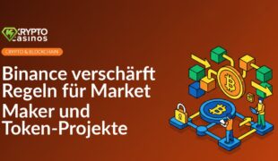 Personen diskutieren vor großen Bildschirmen mit Diagrammen und Kryptowährungssymbolen in einem modernen Büro.