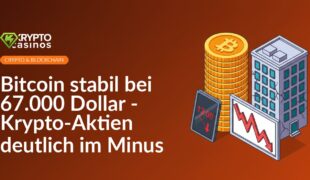 Goldmünzenstapel vor digitaler Preisanzeige, rotes fallendes Kursdiagramm und rissiges Bürogebäude im Hintergrund.