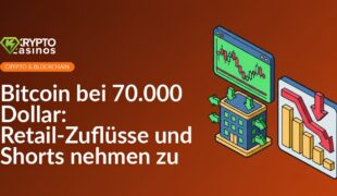 Trading-Screen mit Bitcoin-Preischart, Börsengebäude mit Pfeilen nach innen, Balkendiagramm mit abwärts zeigendem Pfeil