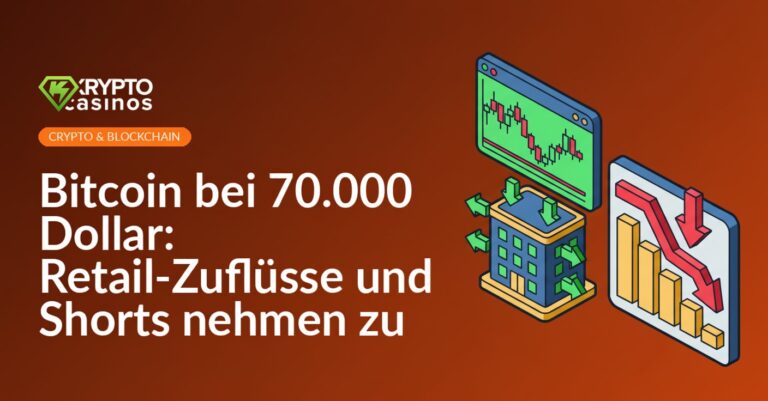 Trading-Screen mit Bitcoin-Preischart, Börsengebäude mit Pfeilen nach innen, Balkendiagramm mit abwärts zeigendem Pfeil