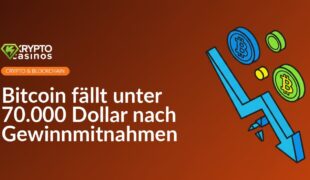 Bitcoin-Logo vor fallender Kursgrafik mit roten Pfeilen und Dollar-Symbol auf dunklem Hintergrund