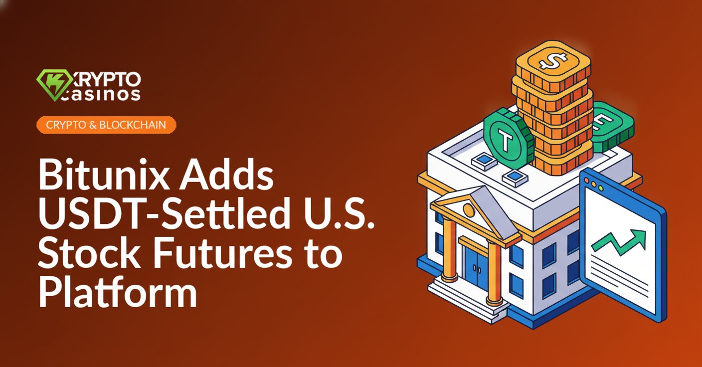 Stacked digital tokens beside a stock exchange building and a futures contract with a rising line chart above it