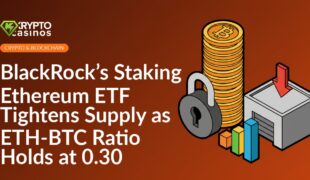 Stack of coins secured by padlock next to upward bar chart and warehouse with downward arrow on white background.
