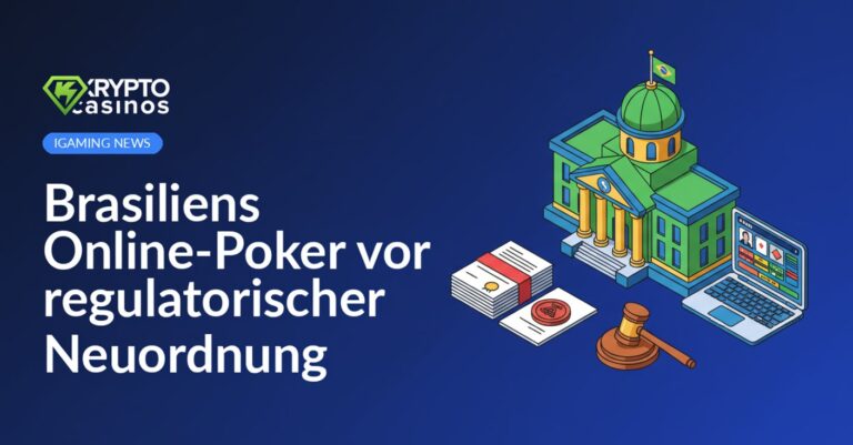 Regierungsgebäude in brasilianischen Farben, Gesetzesdokument mit Richterhammer und Laptop mit Online-Poker-Interface