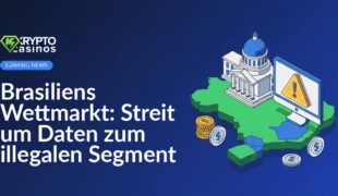 Karte Brasiliens, Regierungsgebäude mit Säulen, Computerbildschirm mit Warnsymbol und Stapel Münzen.