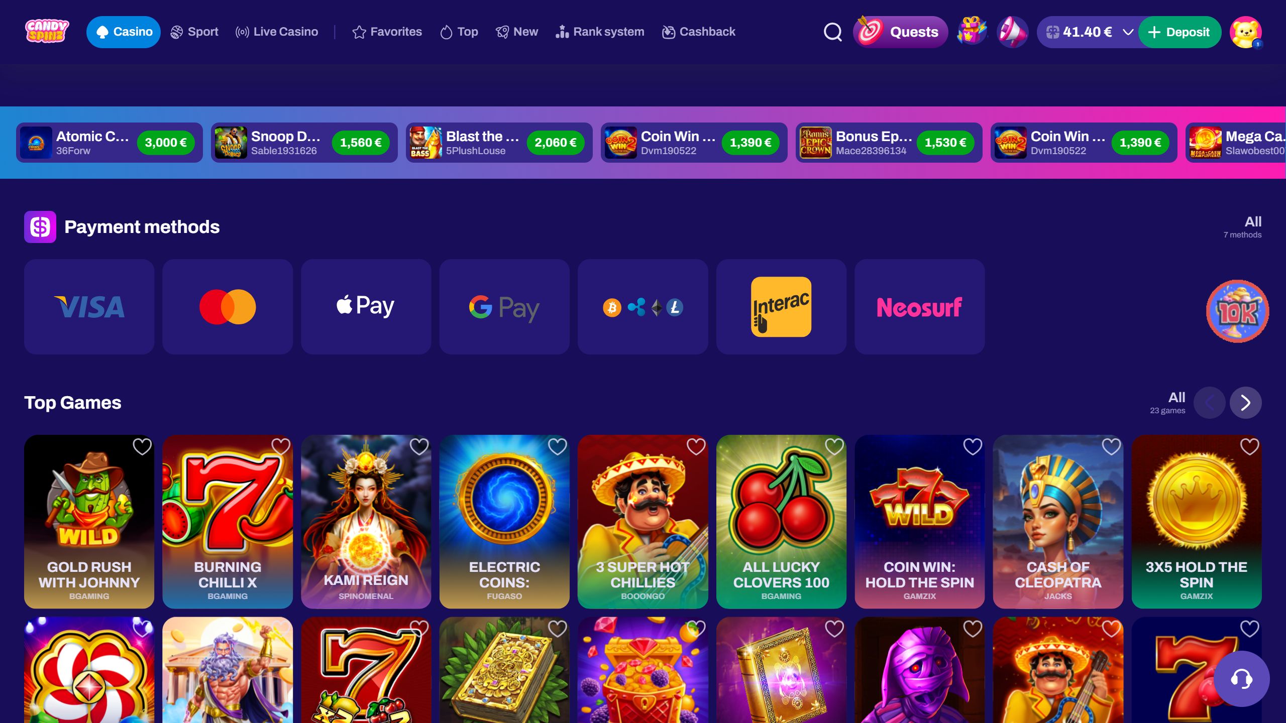 screenshot of candyspinz casino showing the available payment options and game lobby