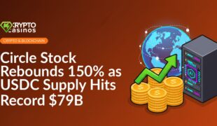 Stacked gold coins with a green upward arrow, a digital globe connected by payment nodes, and a server rack with an AI chip.