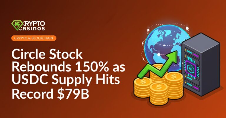 Stacked gold coins with a green upward arrow, a digital globe connected by payment nodes, and a server rack with an AI chip.