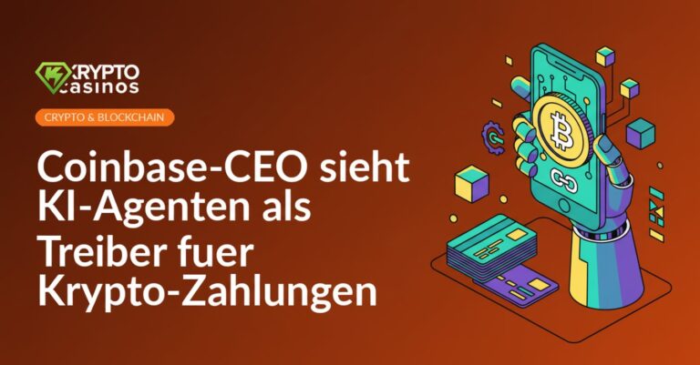Coinbase-CEO vor digitalem Hintergrund mit Kryptosymbolen und leuchtenden KI-Agenten-Icons im Vordergrund.