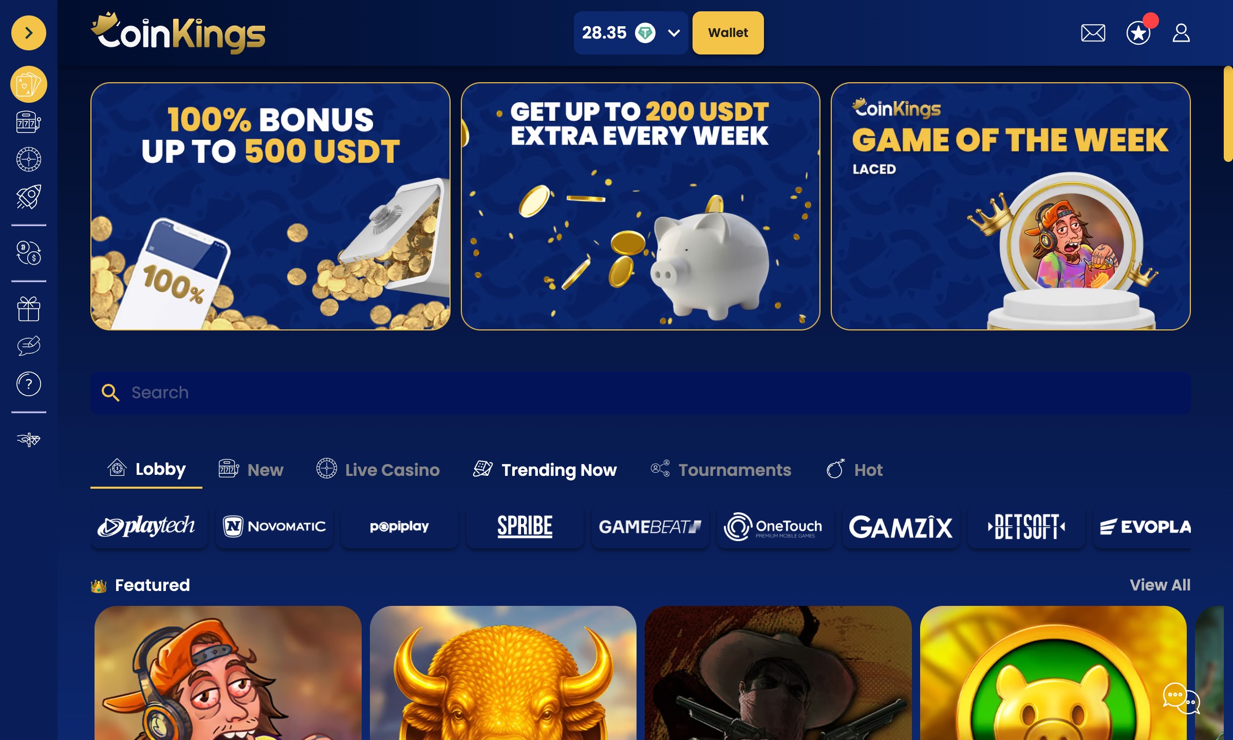 desktop screenshot of coinkings casino showing game categories and left-side menu
