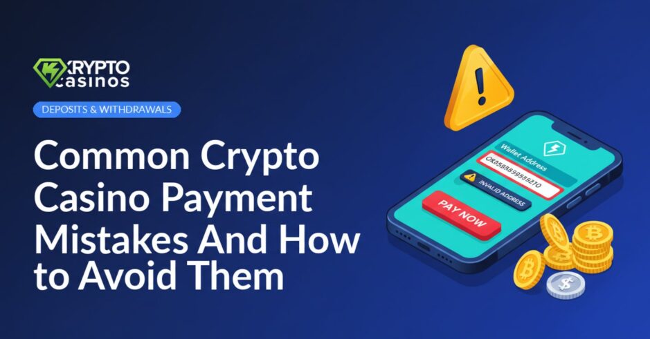 banner showing common crypto casino payment mistakes and how to avoid them with phone displaying invalid wallet address warning and crypto coins