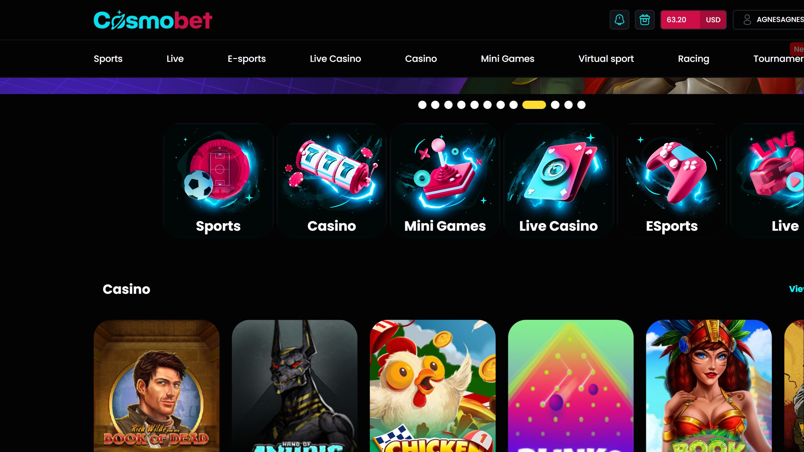 screenshot of Cosmobet casino showing the game lobby
