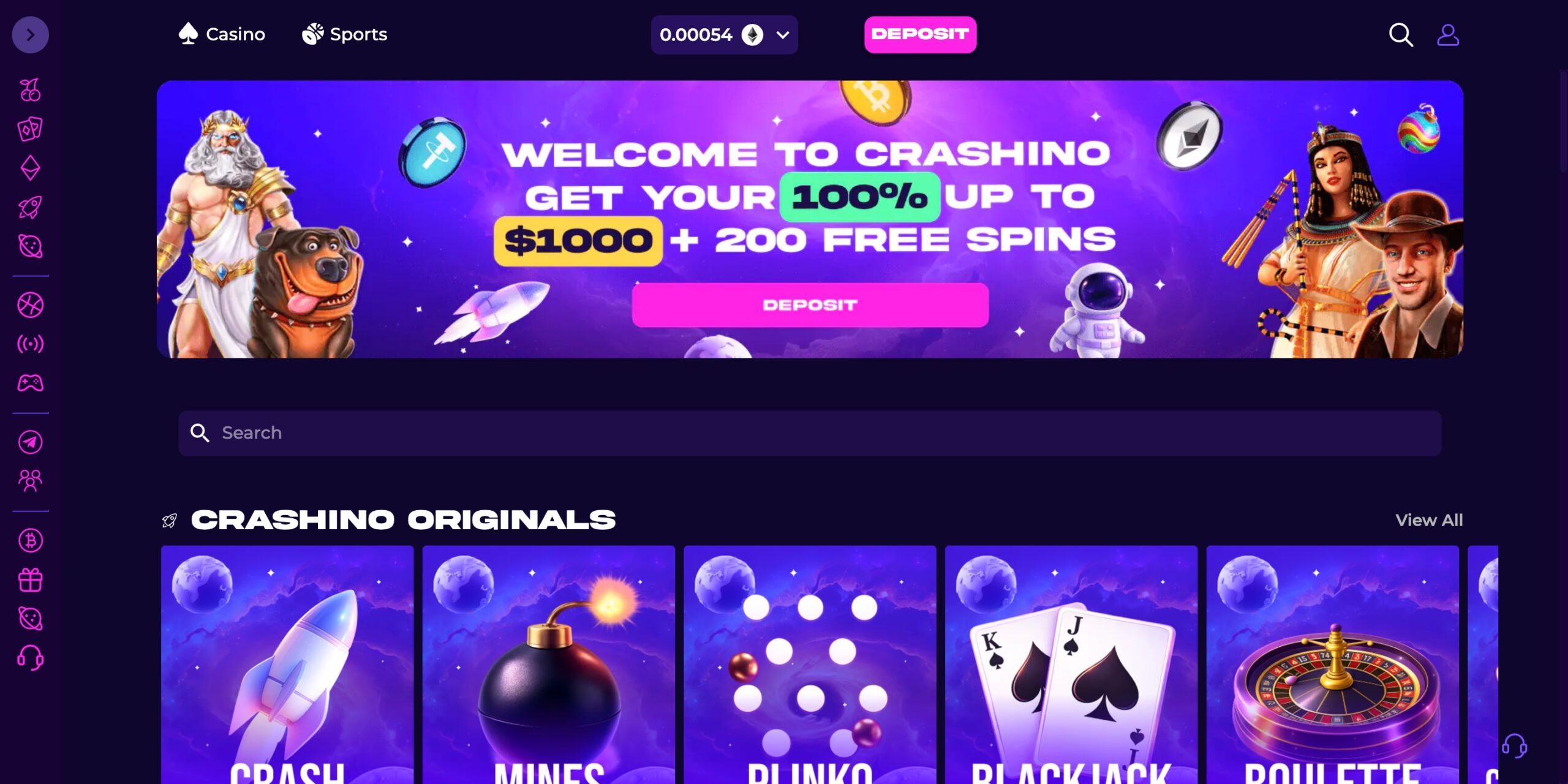 desktop screenshot of crashino casino showing crashino originals and left-side menu