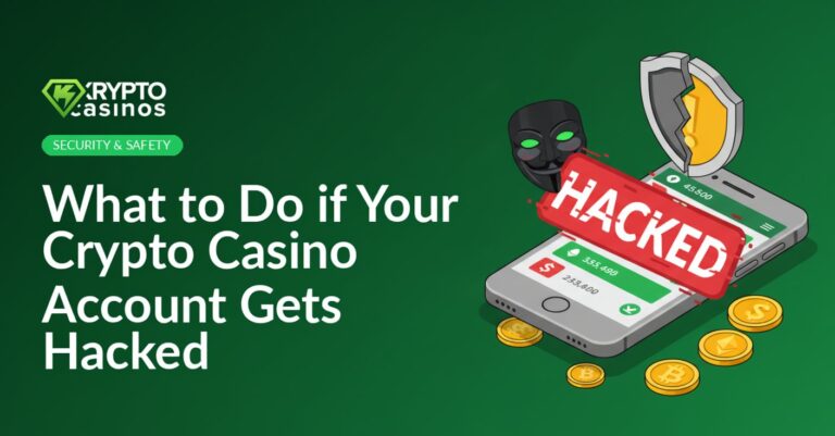 featured image showing smartphone with hacked crypto casino account warning, hacker mask icon and broken security shield