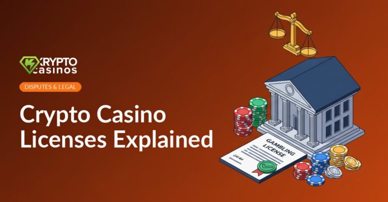crypto casino licences explained featured image with courthouse building gambling licence document casino chips and scales of justice symbolizing regulation and legal oversight in crypto casinos