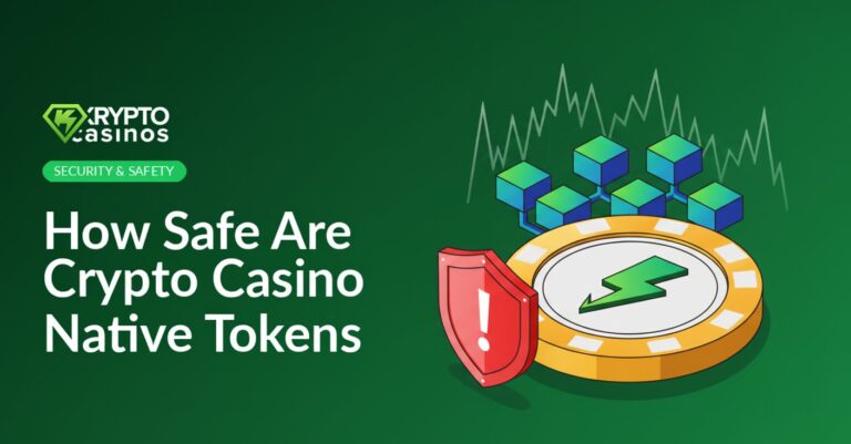 featured image showing casino token coin with blockchain cubes, warning shield and price volatility chart