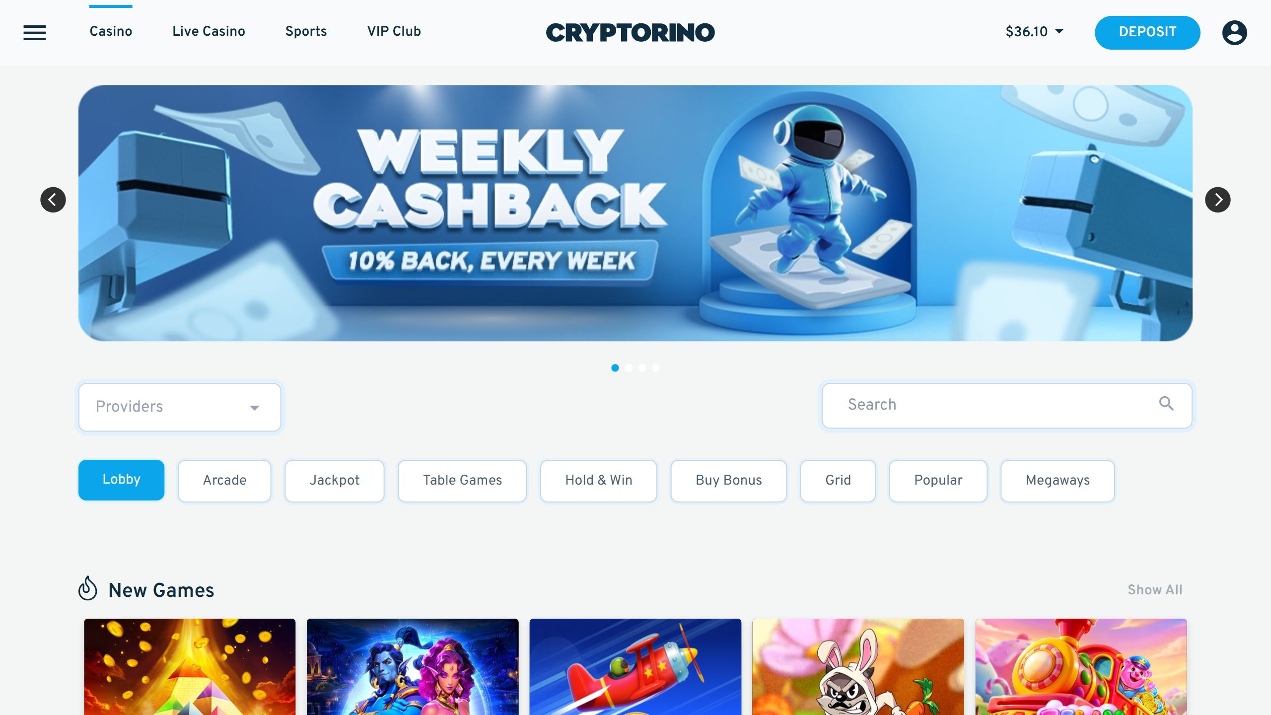 screenshot of cryptorino casino showing the bonus banner and game lobby