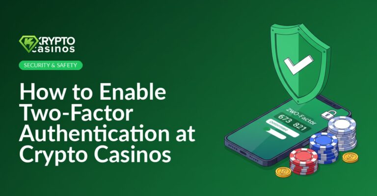 how to enable two-factor authentication at crypto casinos with smartphone authenticator code, security shield, and casino chips illustrating account protection for crypto casino players