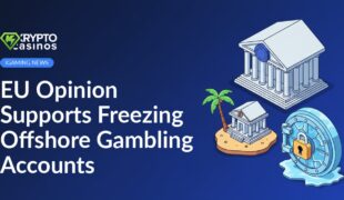 EU courthouse with star emblem, island bank, palm tree, and frozen vault door locked with ice and chains