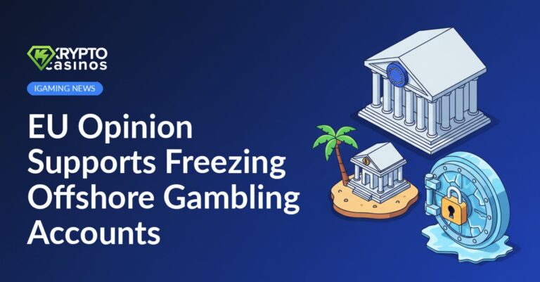 EU courthouse with star emblem, island bank, palm tree, and frozen vault door locked with ice and chains