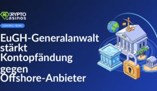 Europäischer Gerichtshof mit Justizemblem, eingefrorenes Bankgebäude mit Vorhängeschloss, Globus verbindet Europa mit Offshore-Insel.