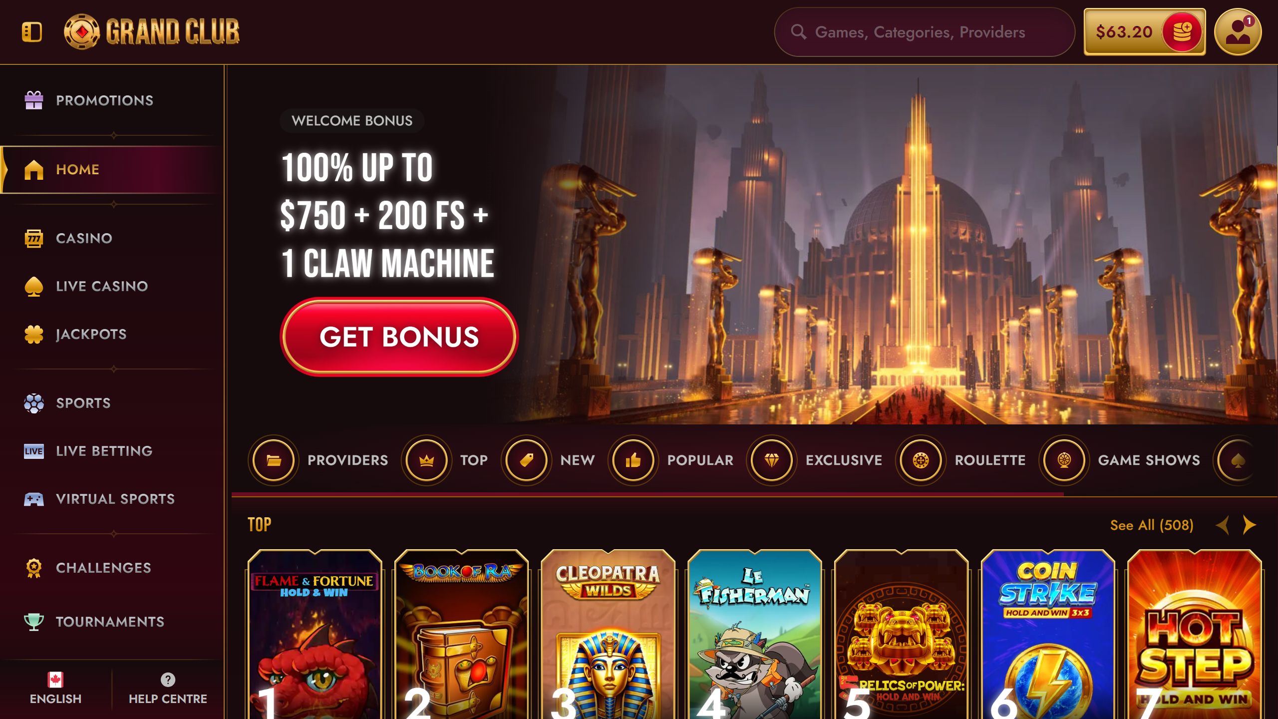 screenshot of GrandClub casino showing the bonus banner, game lobby and left-side menu