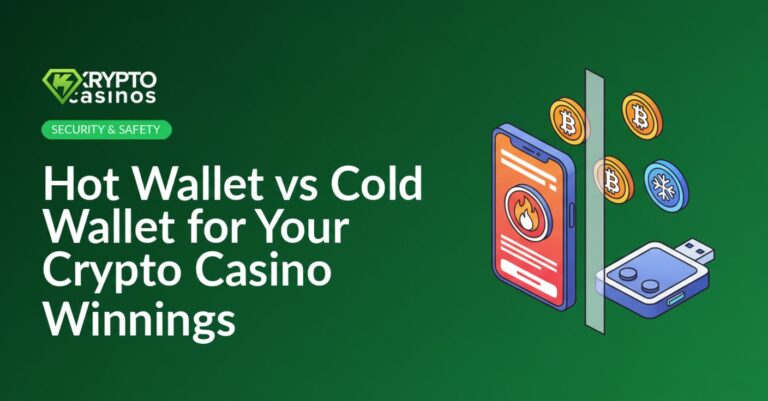 hot wallet vs cold wallet for crypto casinos showing mobile wallet with flame icon separated from hardware wallet with bitcoin coins behind security barrier
