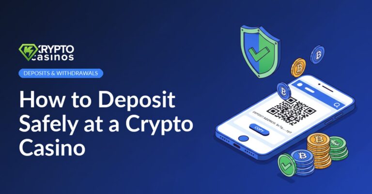 smartphone showing crypto deposit address with coins moving toward it and security shield