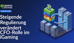 Gestapelte Steuerdokumente mit Schildsymbol, verschmelzende Bürogebäude mit Pfeilen, Serverracks mit Kabeln.