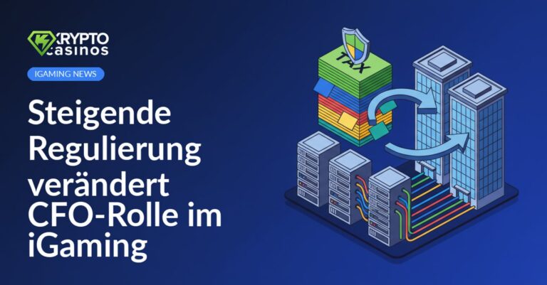 Gestapelte Steuerdokumente mit Schildsymbol, verschmelzende Bürogebäude mit Pfeilen, Serverracks mit Kabeln.