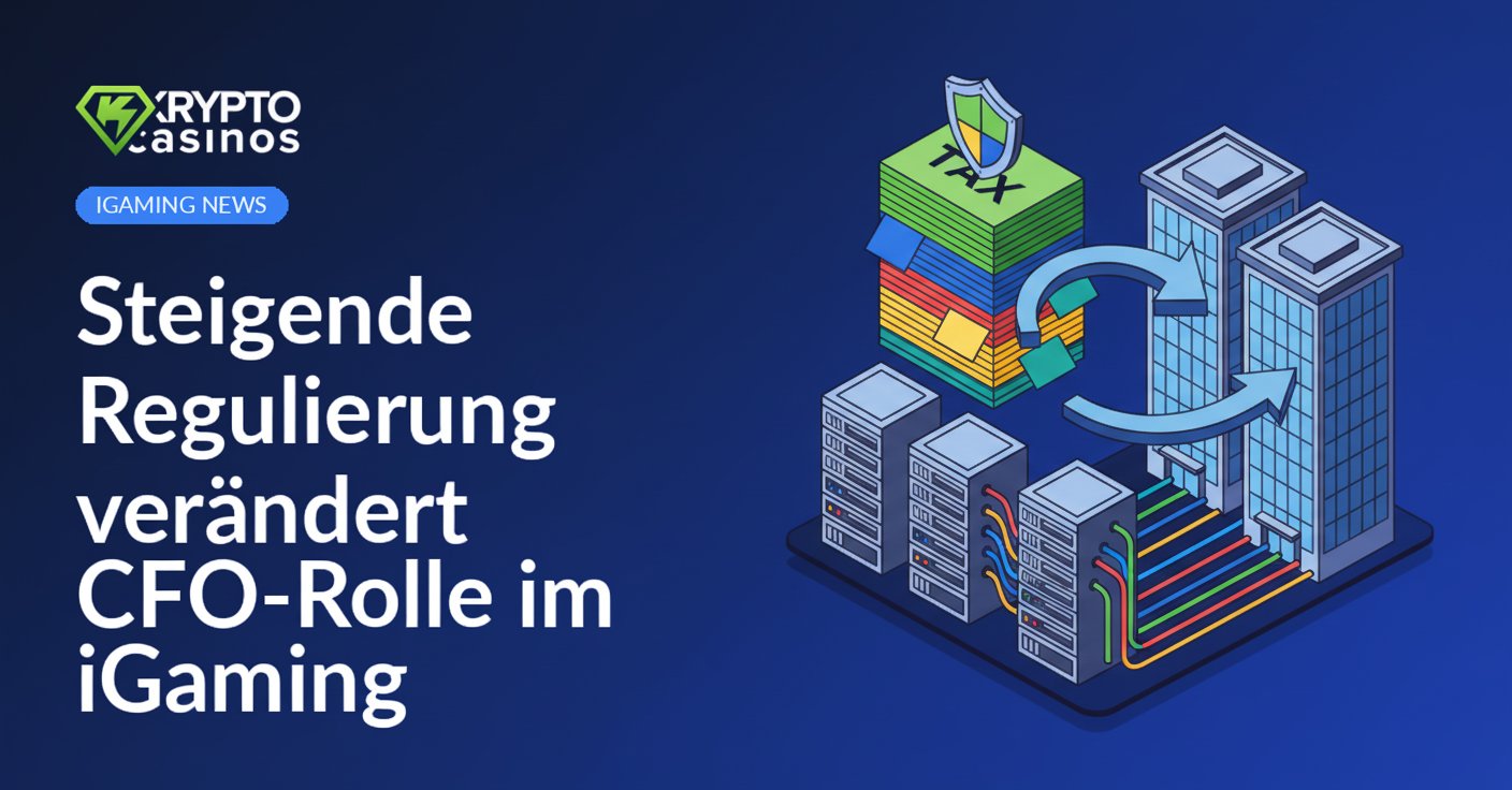 Gestapelte Steuerdokumente mit Schildsymbol, verschmelzende Bürogebäude mit Pfeilen, Serverracks mit Kabeln.