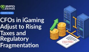 Stacked gold coins with upward arrow, tax document stamped, server racks connected by arrows on white background