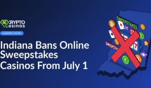 Map of Indiana in blue with a red stop sign overlay and a laptop displaying a slot machine on screen