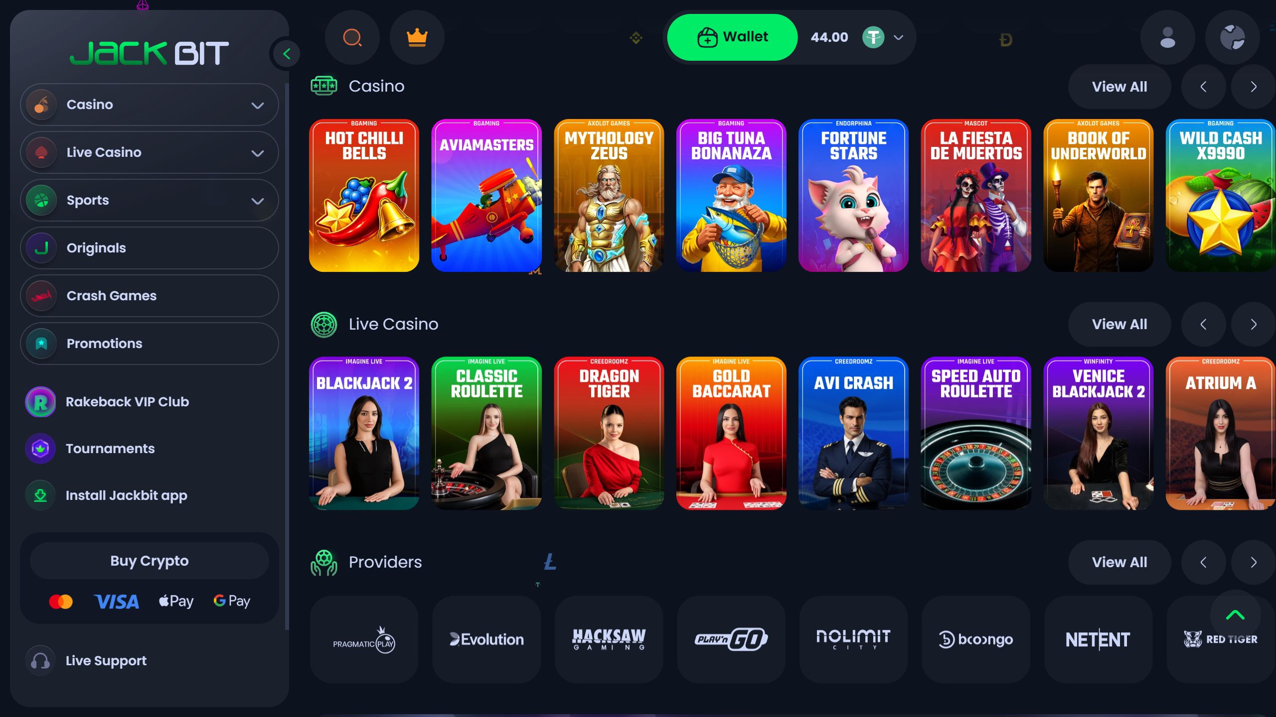 screenshot of Jackbit casino showing the game lobby and left-side menu