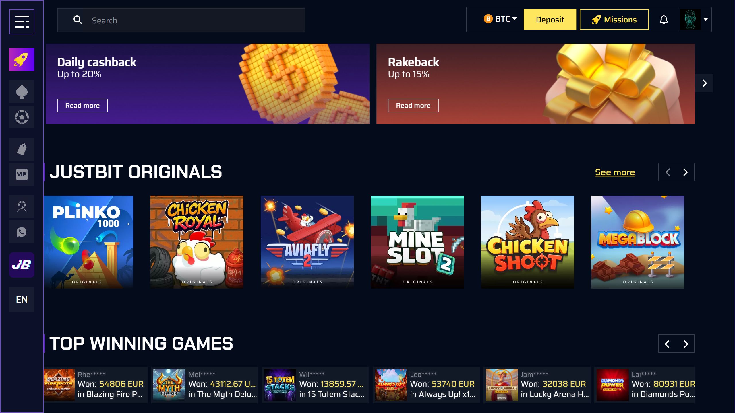 screenshot of JustBit casino showing the bonus banner and game lobby