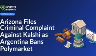 Courthouse facade with gavel in foreground, capitol building with bill scroll, monitor displaying a rising financial chart.