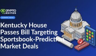 Kentucky Capitol building with a stamped bill document and an electronic vote board displaying lit panels.