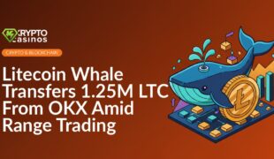 Digital wallet icon connected to Litecoin coins with OKX exchange logo and range chart in the background.