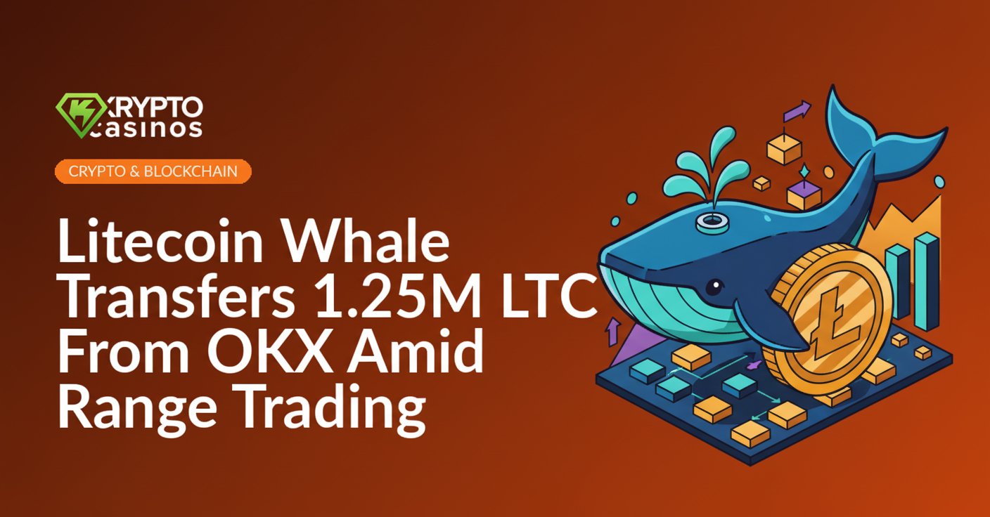 Digital wallet icon connected to Litecoin coins with OKX exchange logo and range chart in the background.
