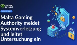 Laptop mit Warnmeldung neben Malta-Flagge und stilisiertem Schildsymbol auf dunklem Hintergrund