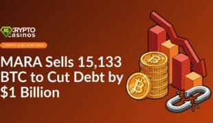 Stack of digital coins next to a downward bar chart with a bold arrow and a broken chain link on a dark background