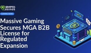 Colorful gaming icons and chips around a glowing MGA license document on a dark blue background with digital patterns