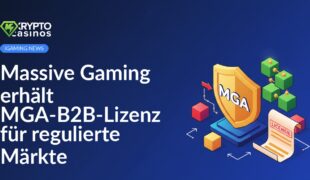 Logo von Massive Gaming neben dem MGA-Logo auf blauem Hintergrund mit stilisierten digitalen Mustern