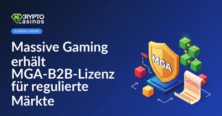 Logo von Massive Gaming neben dem MGA-Logo auf blauem Hintergrund mit stilisierten digitalen Mustern