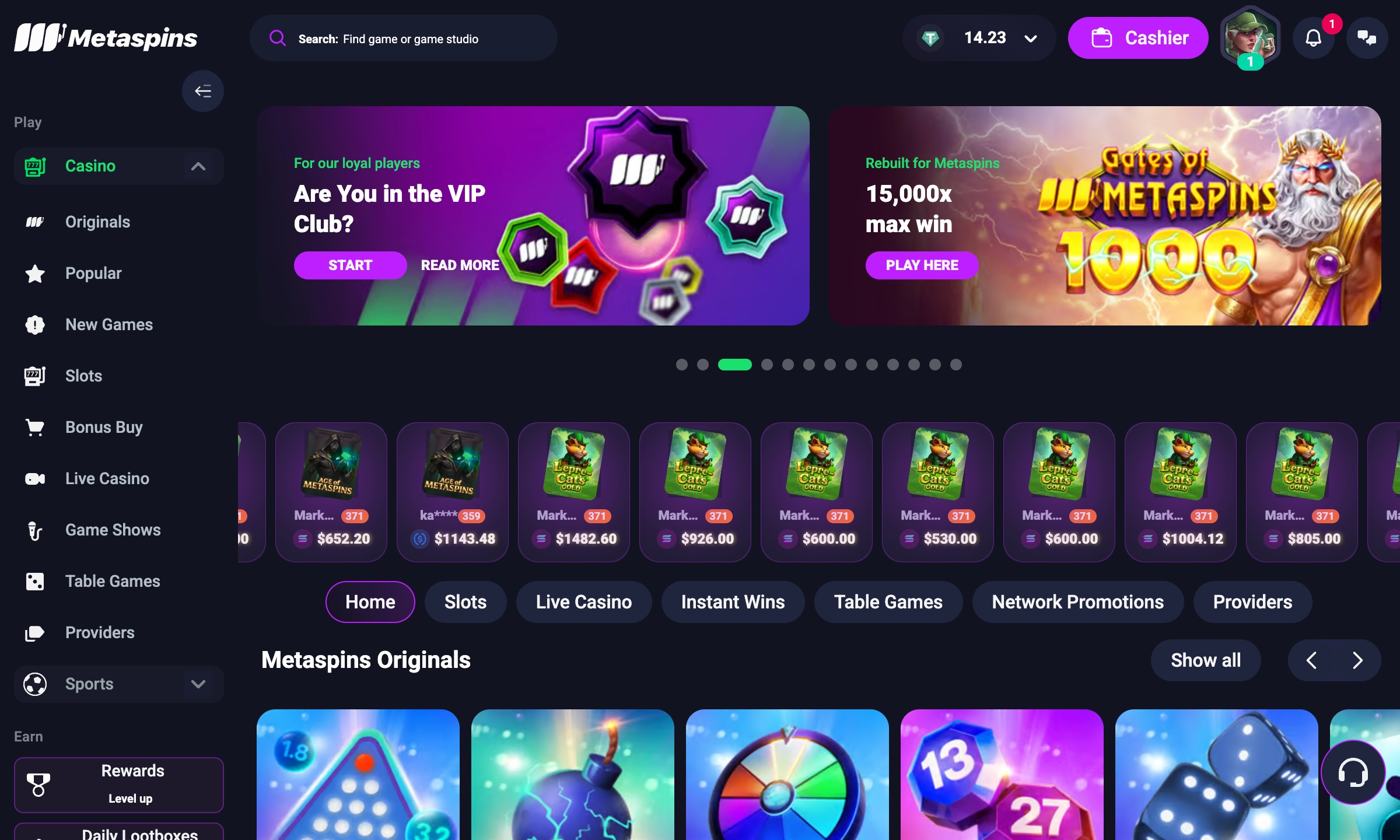 desktop screenshot of metaspins casino showing bonus banners and left-side menu